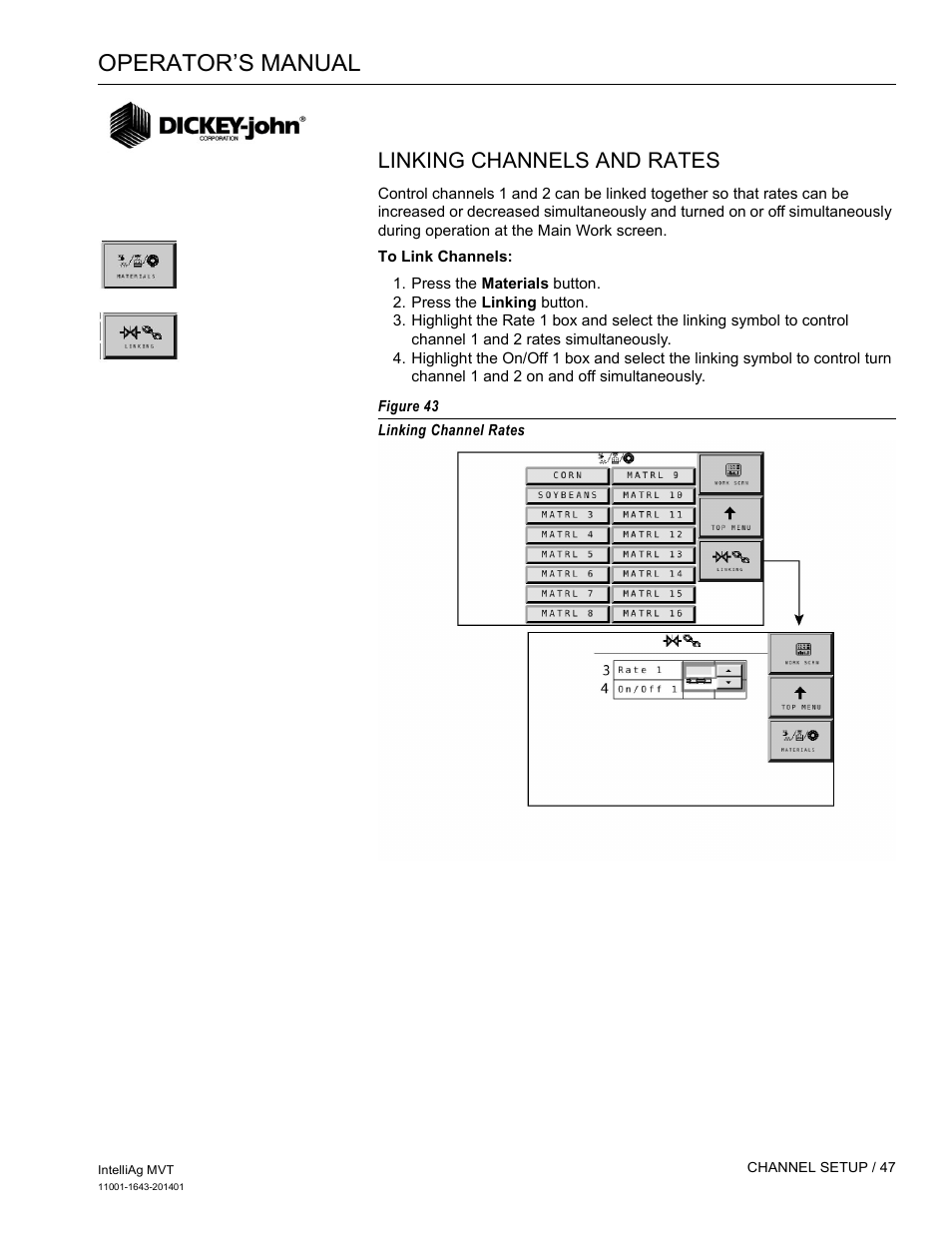 Operator’s manual, Linking channels and rates | Great Plains DICKEY-john MVT Monitor Operator User Manual | Page 56 / 122