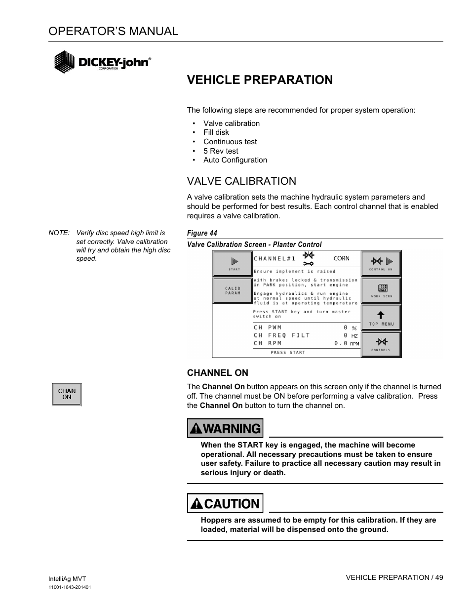 Vehicle preparation, Operator’s manual, Valve calibration | Great Plains DICKEY-john MVT Monitor Operator User Manual | Page 58 / 122