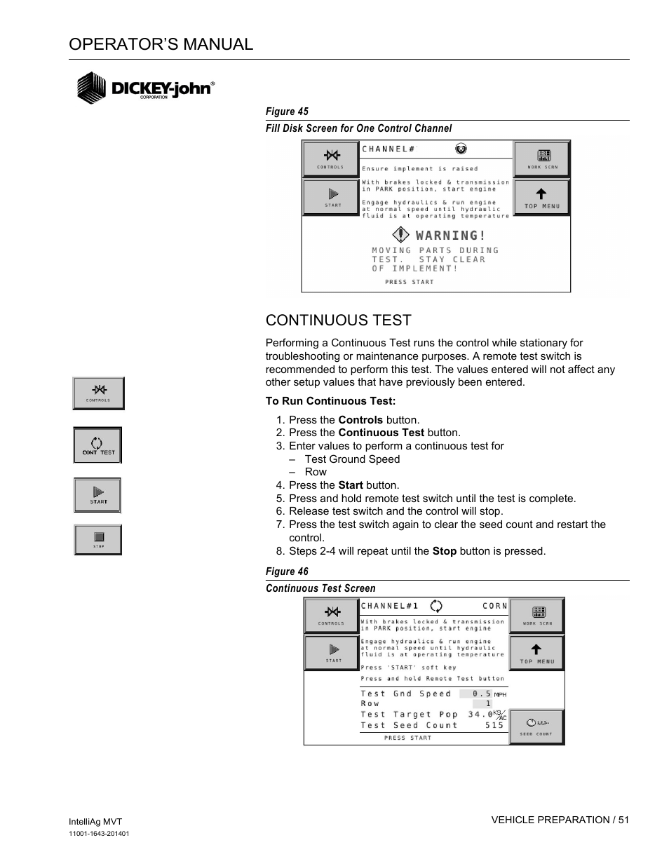 Operator’s manual, Continuous test | Great Plains DICKEY-john MVT Monitor Operator User Manual | Page 60 / 122