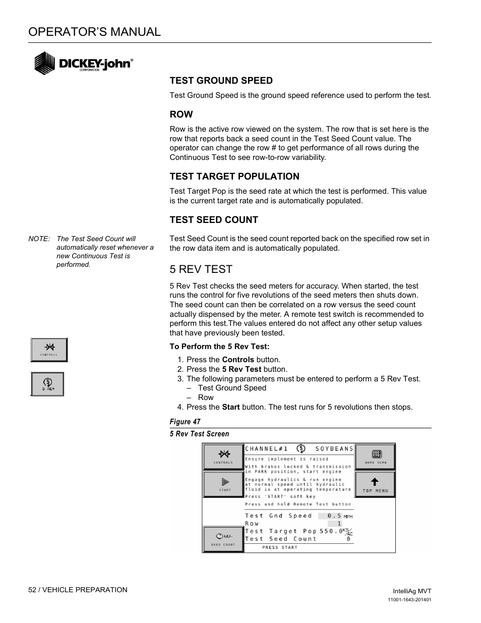 Operator’s manual, 5 rev test | Great Plains DICKEY-john MVT Monitor Operator User Manual | Page 61 / 122