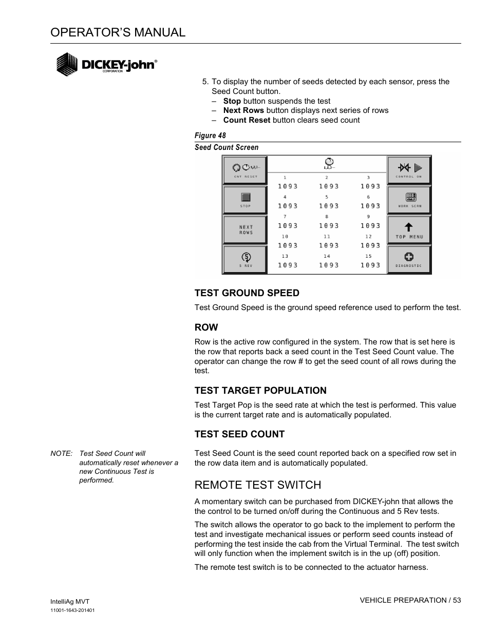 Operator’s manual, Remote test switch | Great Plains DICKEY-john MVT Monitor Operator User Manual | Page 62 / 122