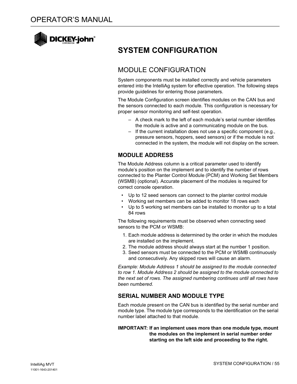 System configuration, Operator’s manual, Module configuration | Great Plains DICKEY-john MVT Monitor Operator User Manual | Page 64 / 122
