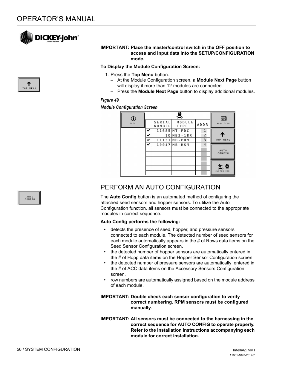 Operator’s manual, Perform an auto configuration | Great Plains DICKEY-john MVT Monitor Operator User Manual | Page 65 / 122