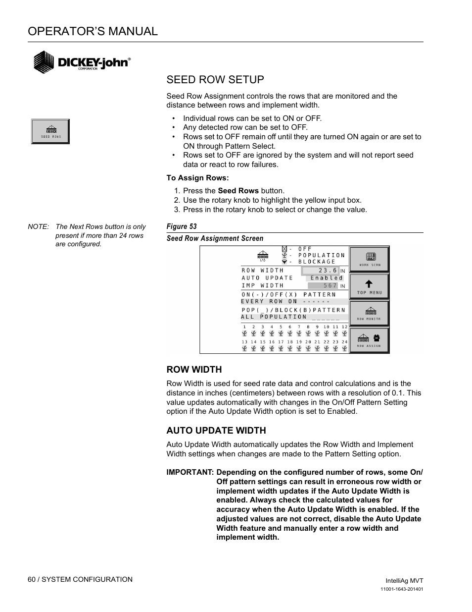 Operator’s manual, Seed row setup | Great Plains DICKEY-john MVT Monitor Operator User Manual | Page 69 / 122
