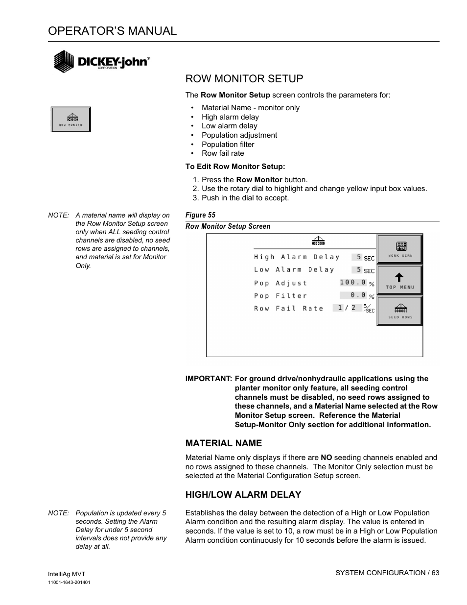 Operator’s manual, Row monitor setup | Great Plains DICKEY-john MVT Monitor Operator User Manual | Page 72 / 122