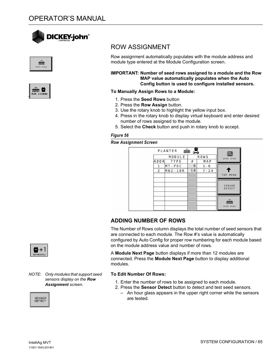 Operator’s manual, Row assignment | Great Plains DICKEY-john MVT Monitor Operator User Manual | Page 74 / 122