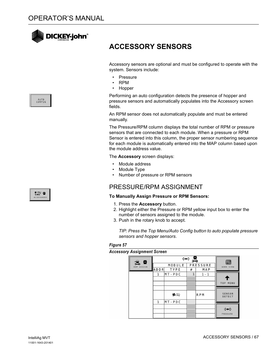 Accessory sensors, Operator’s manual, Pressure/rpm assignment | Great Plains DICKEY-john MVT Monitor Operator User Manual | Page 76 / 122