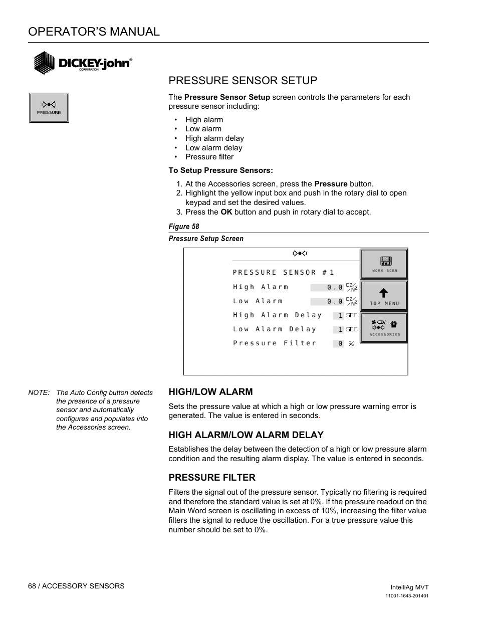 Operator’s manual, Pressure sensor setup | Great Plains DICKEY-john MVT Monitor Operator User Manual | Page 77 / 122