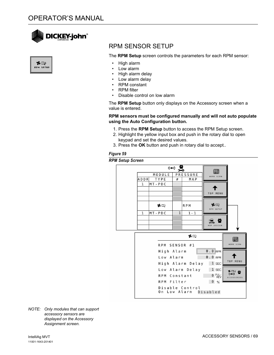 Operator’s manual, Rpm sensor setup | Great Plains DICKEY-john MVT Monitor Operator User Manual | Page 78 / 122