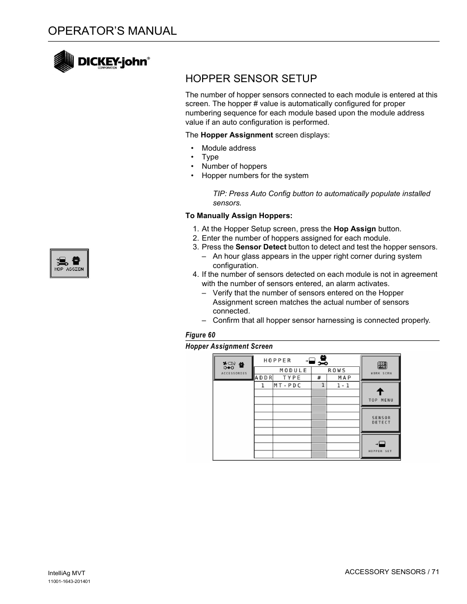 Operator’s manual, Hopper sensor setup | Great Plains DICKEY-john MVT Monitor Operator User Manual | Page 80 / 122