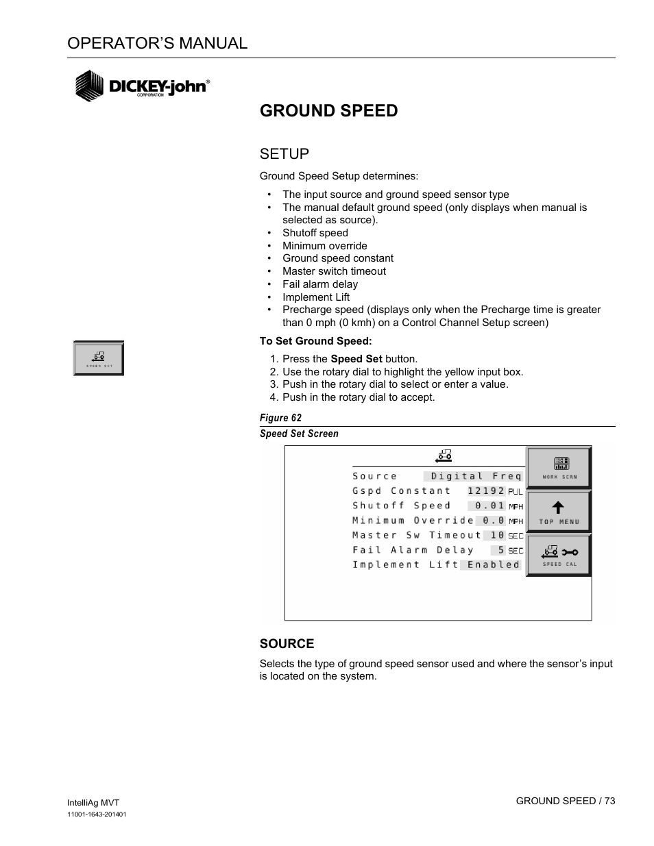 Ground speed, Operator’s manual, Setup | Great Plains DICKEY-john MVT Monitor Operator User Manual | Page 82 / 122