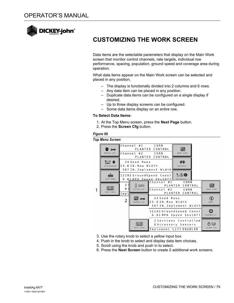 Customizing the work screen, Operator’s manual | Great Plains DICKEY-john MVT Monitor Operator User Manual | Page 88 / 122