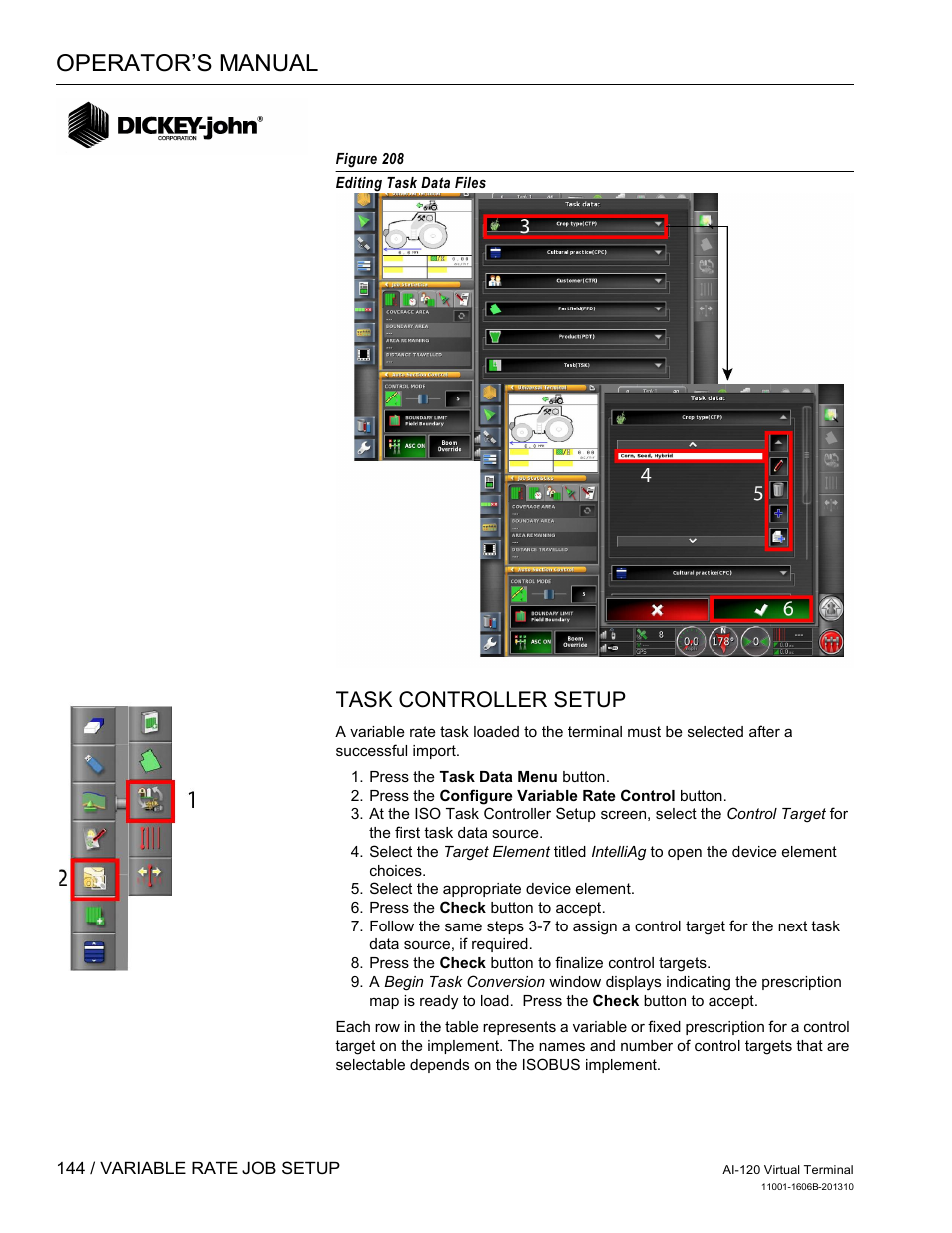 Operator’s manual, Task controller setup | Great Plains DICKEY-john AI-120 12-inch Virtual Terminal User Manual | Page 152 / 193