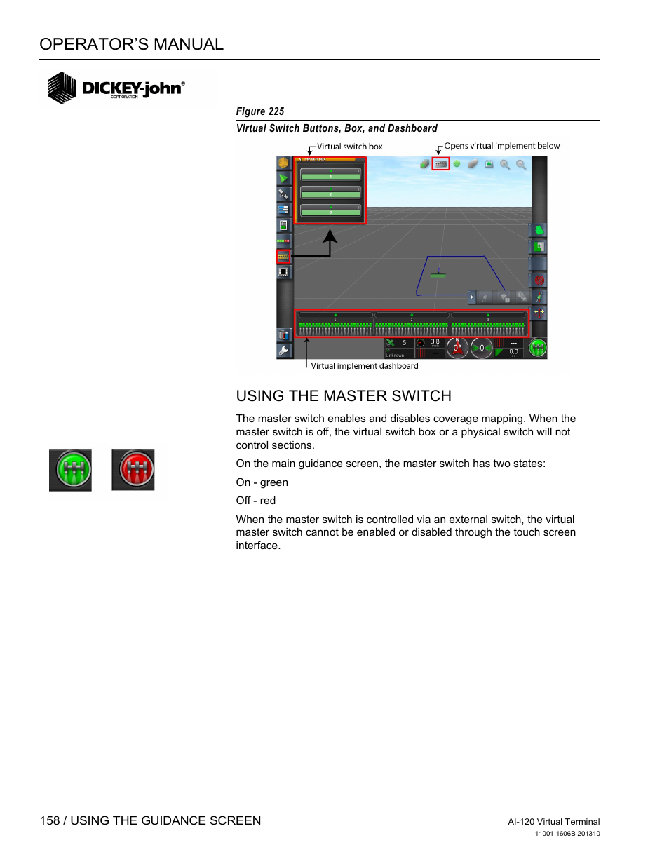 Operator’s manual, Using the master switch | Great Plains DICKEY-john AI-120 12-inch Virtual Terminal User Manual | Page 166 / 193
