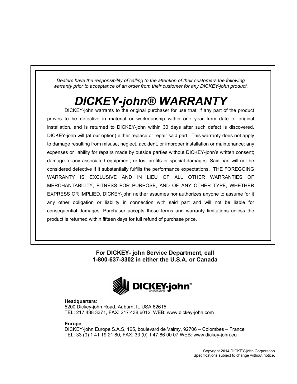 Dickey-john® warranty | Great Plains DICKEY-john AI-120 12-inch Virtual Terminal User Manual | Page 191 / 193