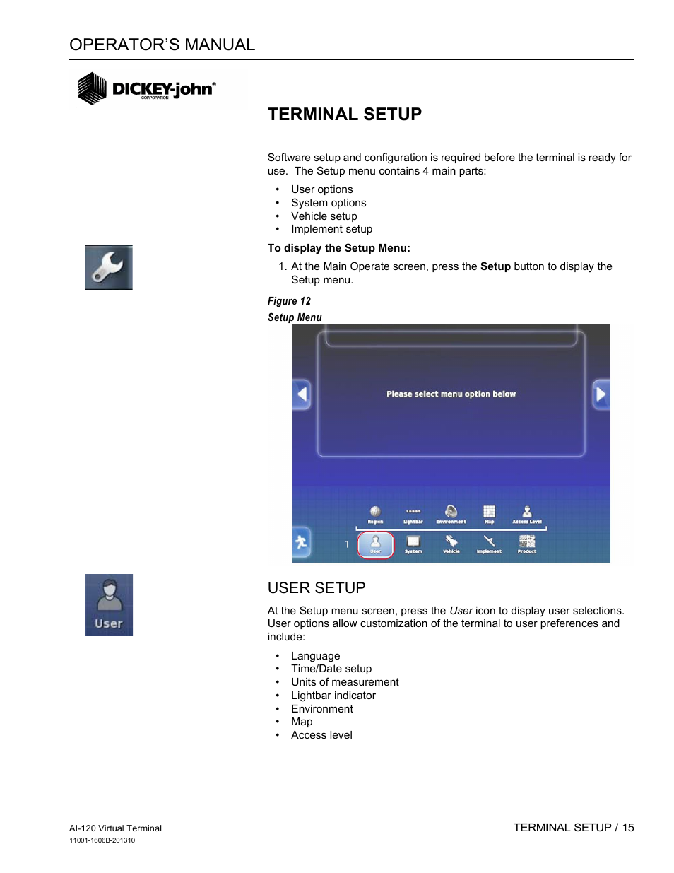 Terminal setup, Operator’s manual, User setup | Great Plains DICKEY-john AI-120 12-inch Virtual Terminal User Manual | Page 23 / 193