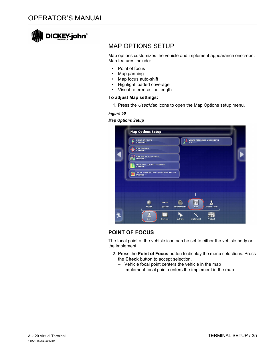 Operator’s manual, Map options setup | Great Plains DICKEY-john AI-120 12-inch Virtual Terminal User Manual | Page 43 / 193