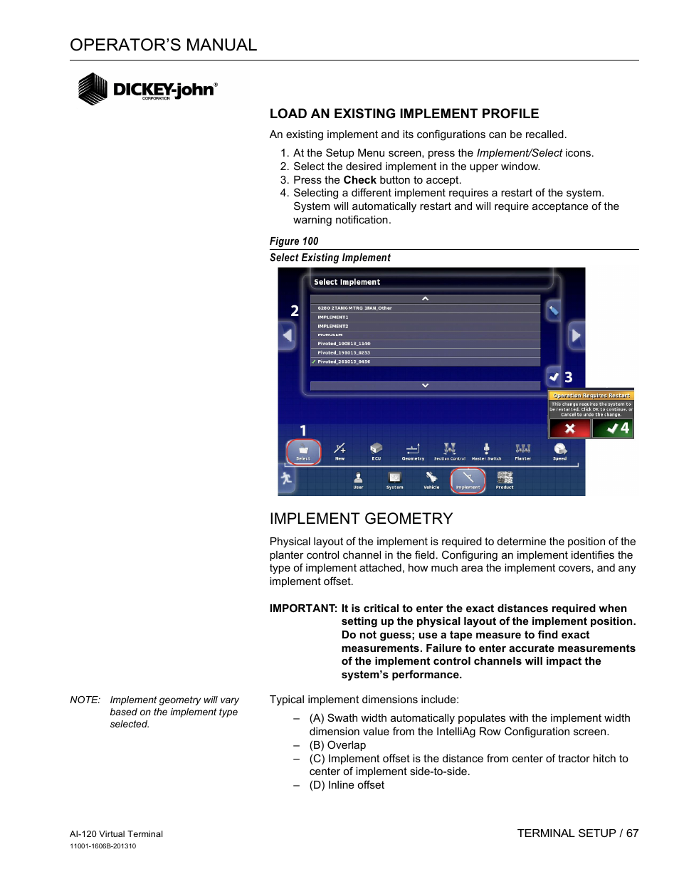 Operator’s manual, Implement geometry | Great Plains DICKEY-john AI-120 12-inch Virtual Terminal User Manual | Page 75 / 193