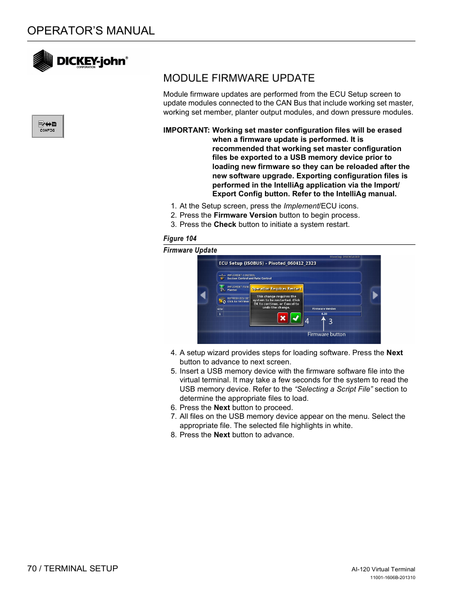 Operator’s manual, Module firmware update | Great Plains DICKEY-john AI-120 12-inch Virtual Terminal User Manual | Page 78 / 193