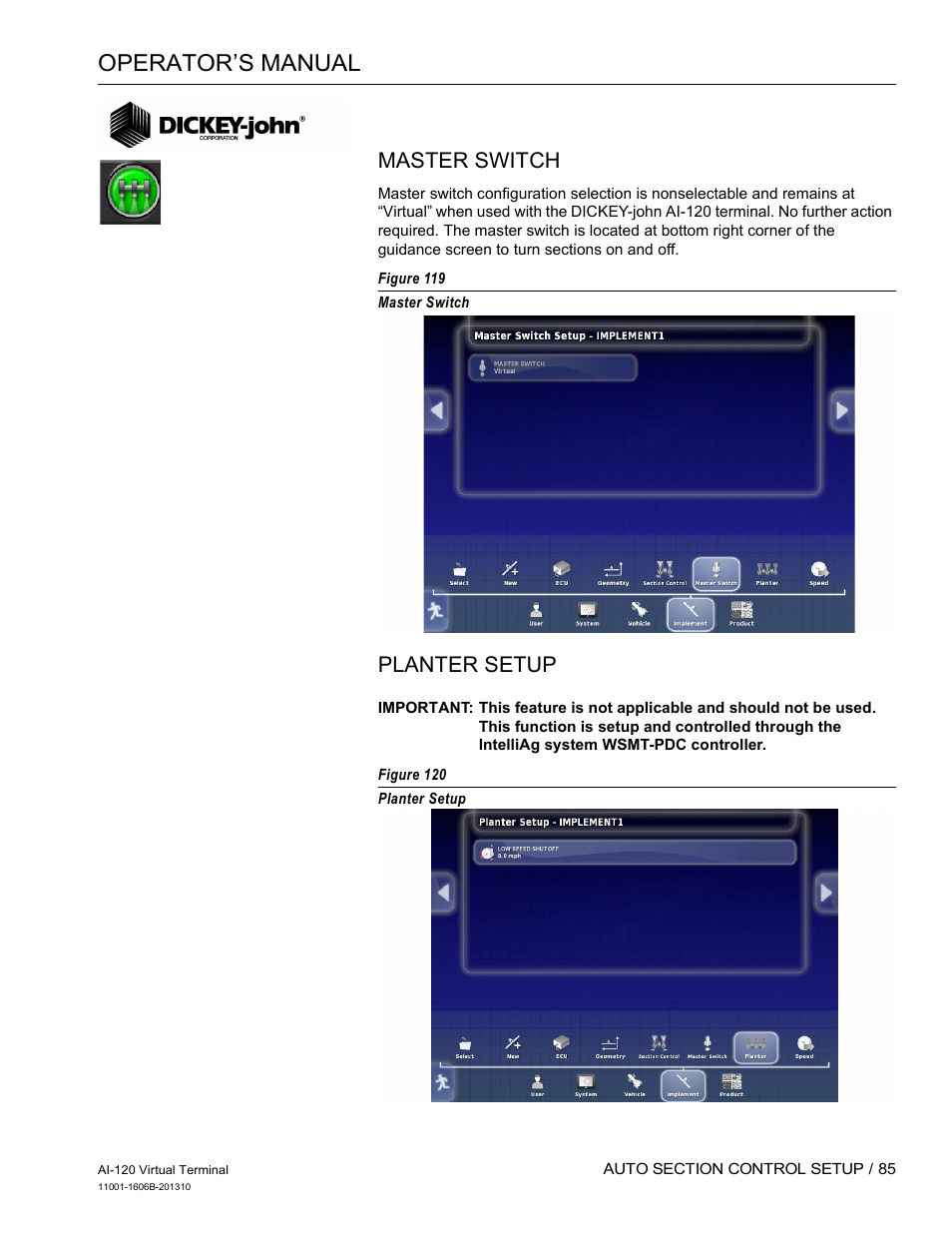 Operator’s manual, Master switch, Planter setup | Great Plains DICKEY-john AI-120 12-inch Virtual Terminal User Manual | Page 93 / 193