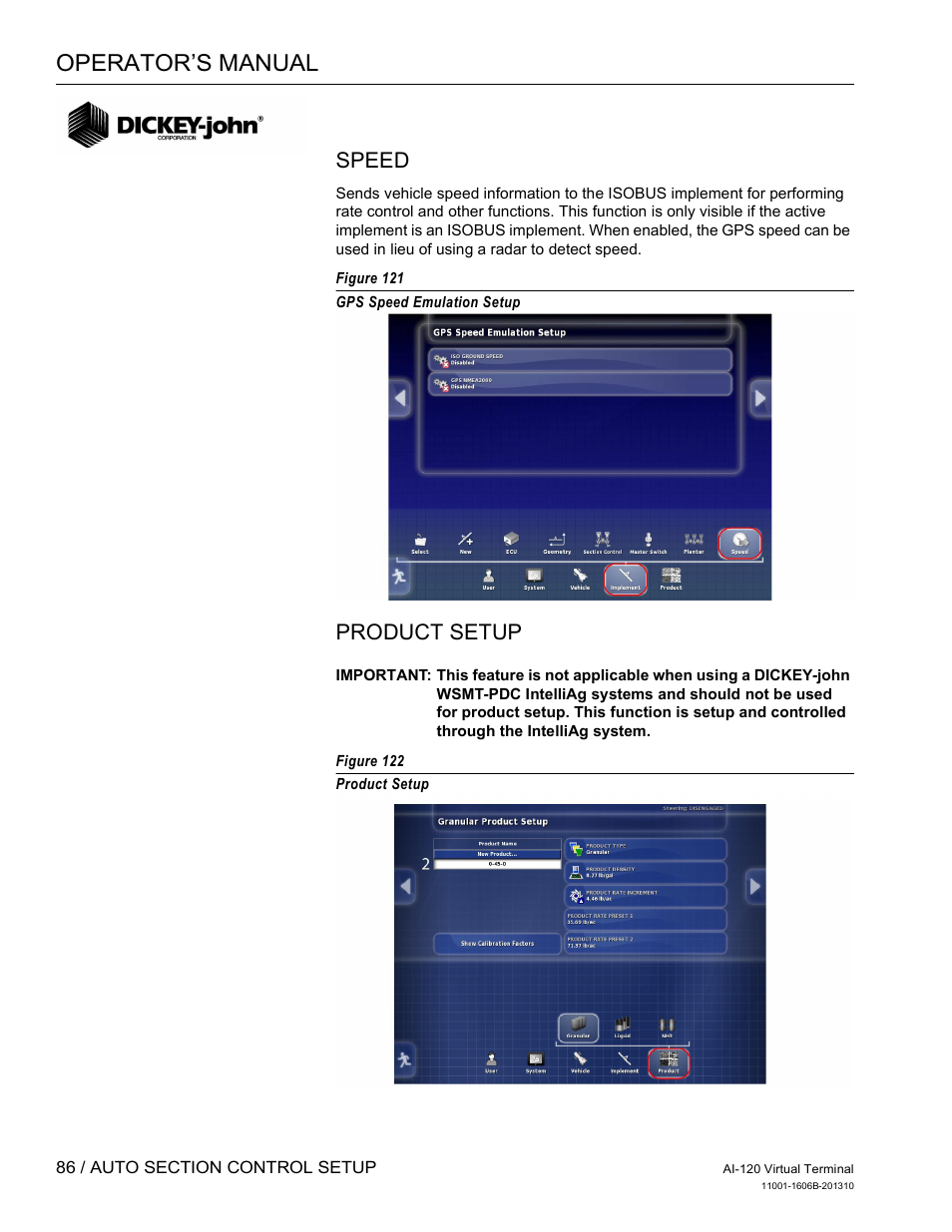 Operator’s manual, Speed, Product setup | Great Plains DICKEY-john AI-120 12-inch Virtual Terminal User Manual | Page 94 / 193