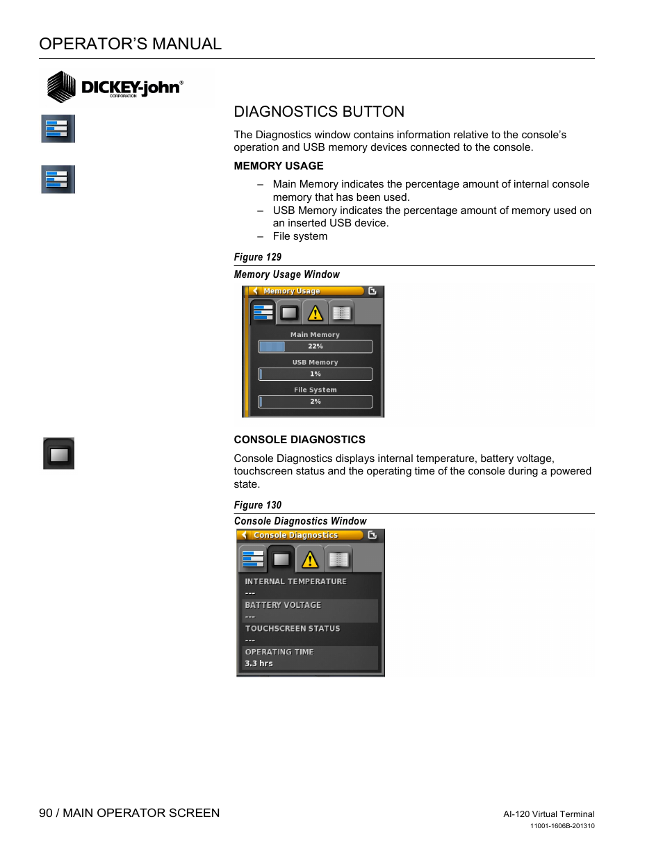 Operator’s manual, Diagnostics button | Great Plains DICKEY-john AI-120 12-inch Virtual Terminal User Manual | Page 98 / 193