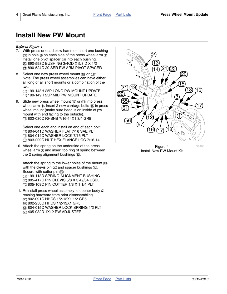 Install new pw mount | Great Plains Press Wheel Mount Kit 25 Series User Manual | Page 4 / 6