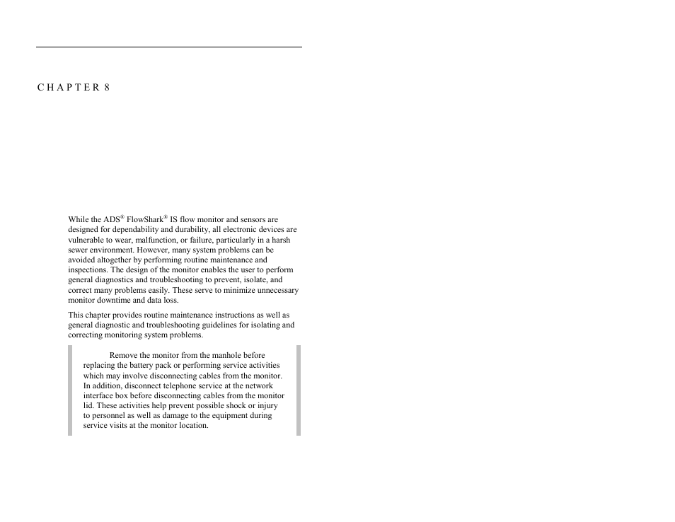 C h a p t e r 8 maintenance and troubleshooting, Maintenance and troubleshooting | ADS Environmental Services FlowShark QR 775003 A2 User Manual | Page 186 / 236