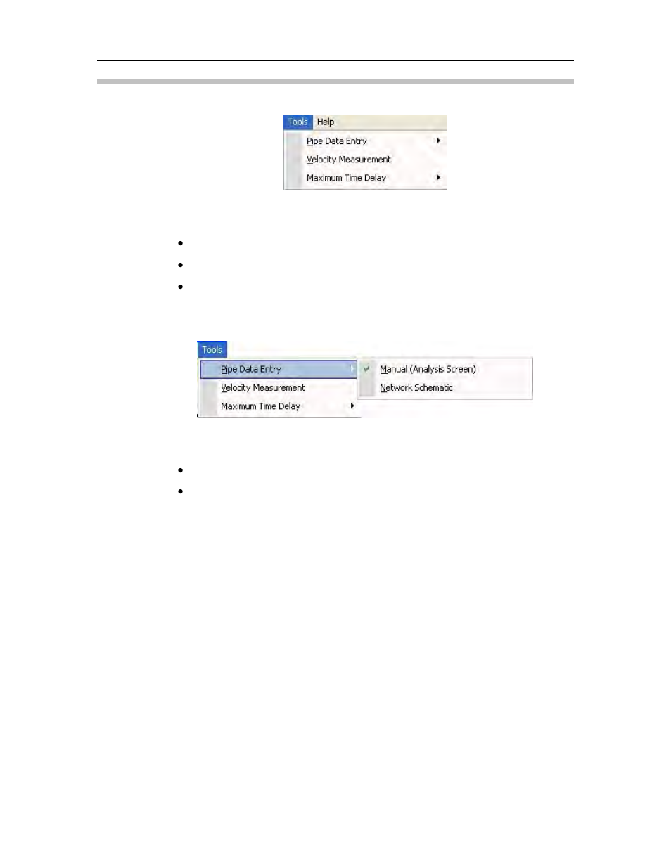 Tools menu, Pipe data entry, Manual | Network schematic, Velocity measurement | ADS Environmental Services Enigma-hyQ QR 775017 A2 User Manual | Page 29 / 96