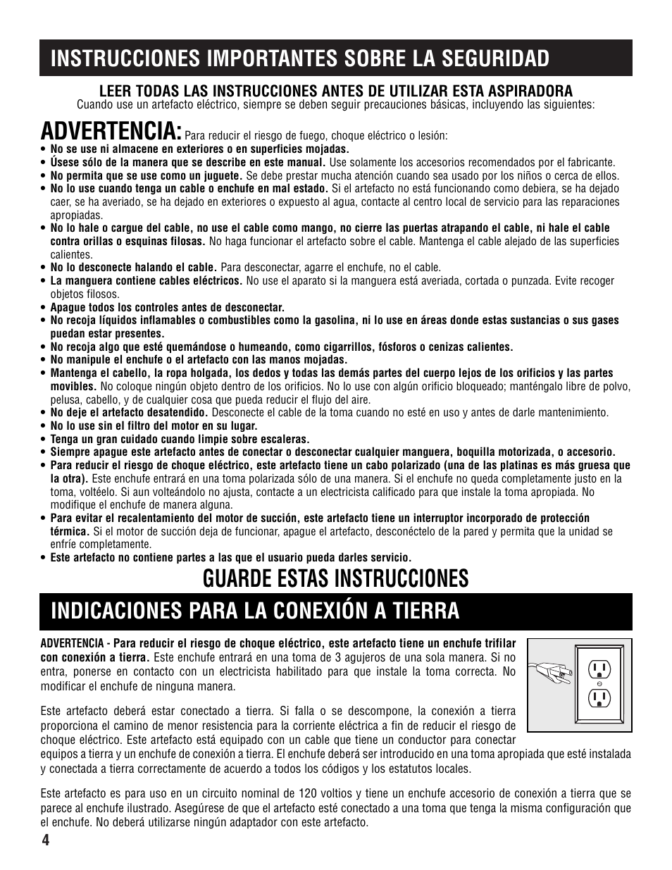 Advertencia, Guarde estas instrucciones | Aerus Lux Commercial Upright User Manual | Page 4 / 20