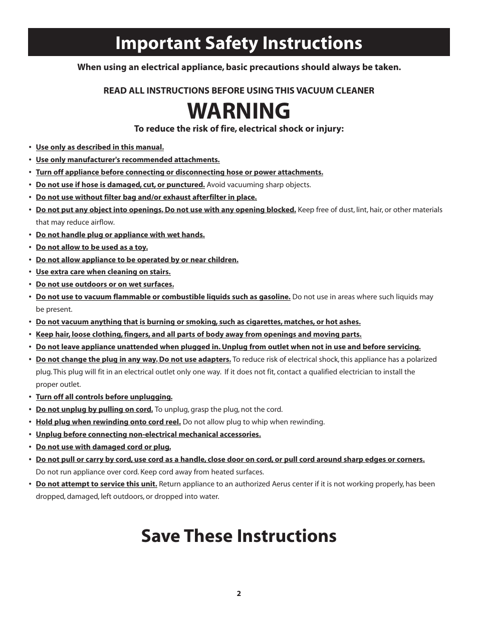 Warning, Important safety instructions, Save these instructions | Aerus Lux Legacy Upright User Manual | Page 2 / 12