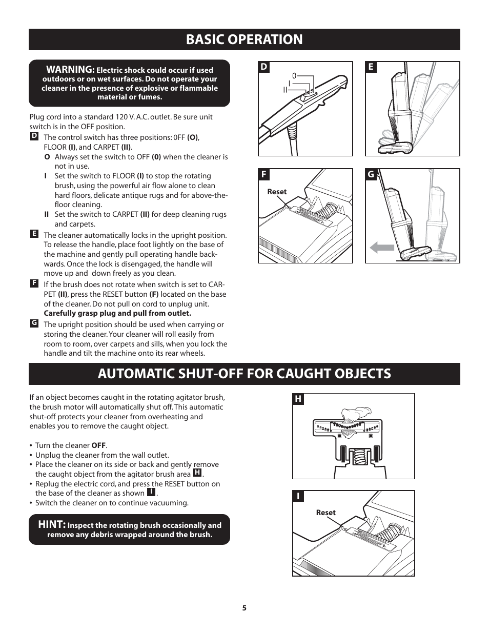 Basic operation, Automatic shut-off for caught objects, Hint | Warning | Aerus Lux Legacy Upright User Manual | Page 5 / 12