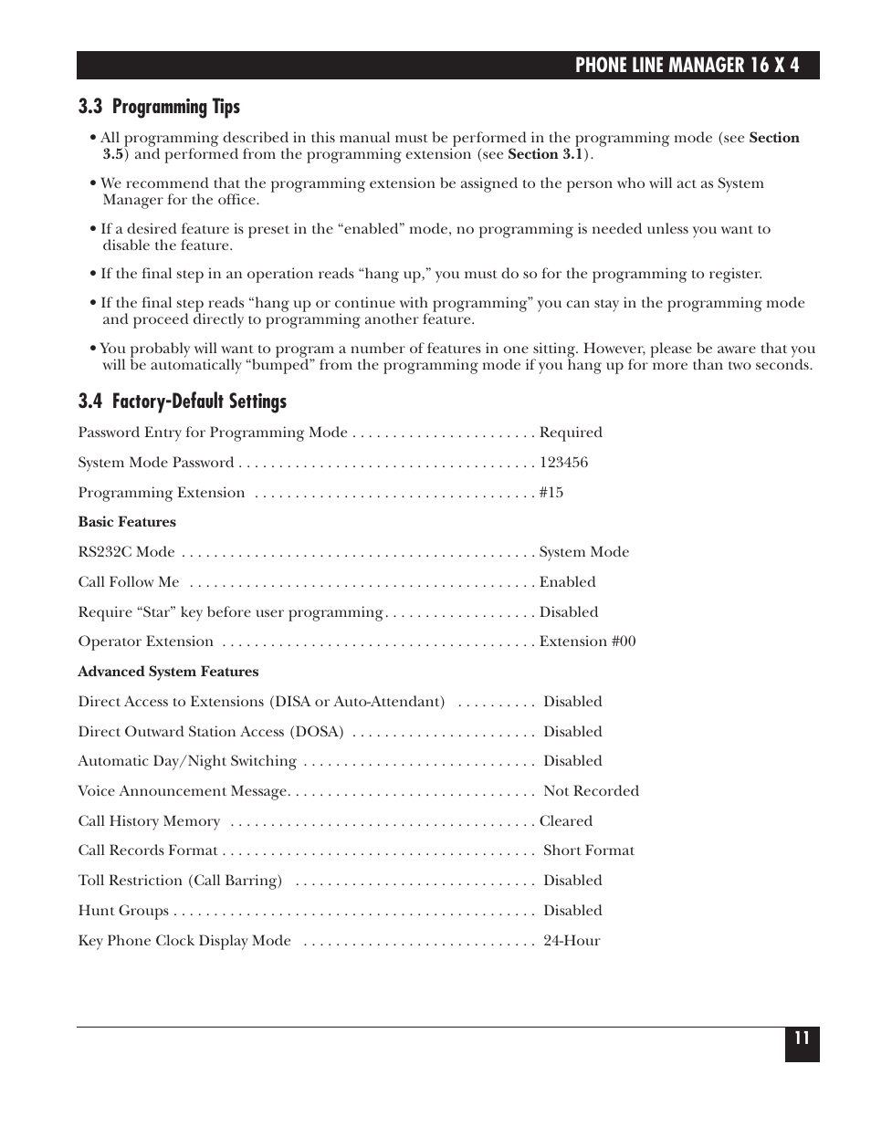 Phone line manager 16 x 4, 3 programming tips, 4 factory-default settings | Black Box FX160A User Manual | Page 10 / 65