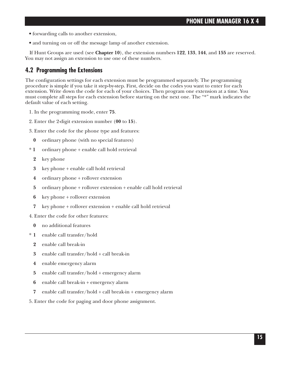 Phone line manager 16 x 4, 2 programming the extensions | Black Box FX160A User Manual | Page 14 / 65