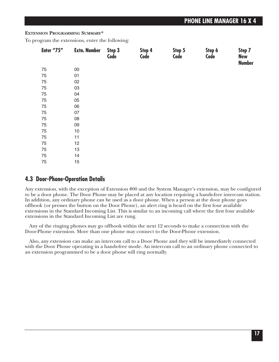 Phone line manager 16 x 4, 3 door-phone-operation details | Black Box FX160A User Manual | Page 16 / 65