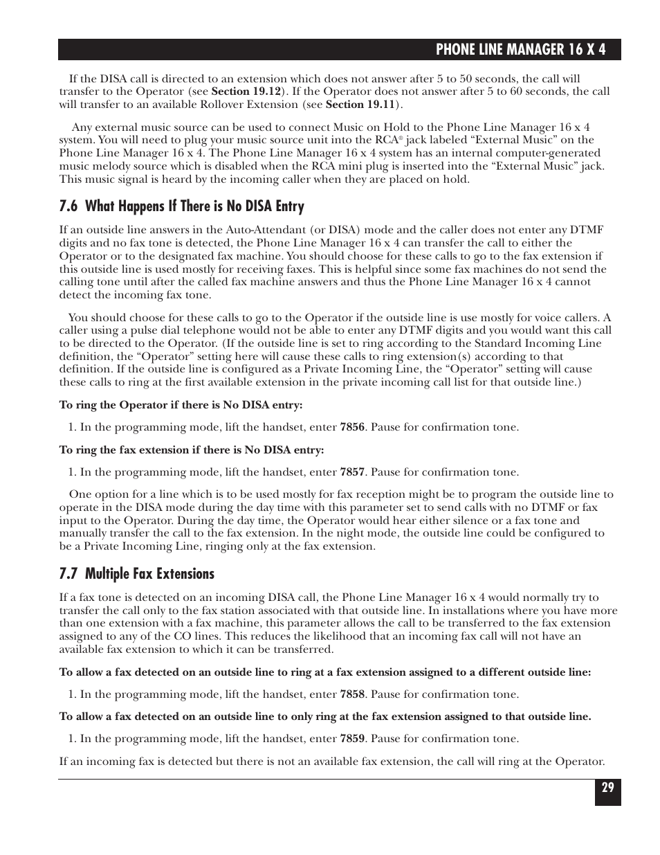 Phone line manager 16 x 4, 6 what happens if there is no disa entry, 7 multiple fax extensions | Black Box FX160A User Manual | Page 28 / 65