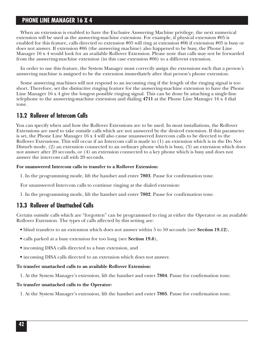 Phone line manager 16 x 4, 2 rollover of intercom calls, 3 rollover of unattached calls | Black Box FX160A User Manual | Page 41 / 65