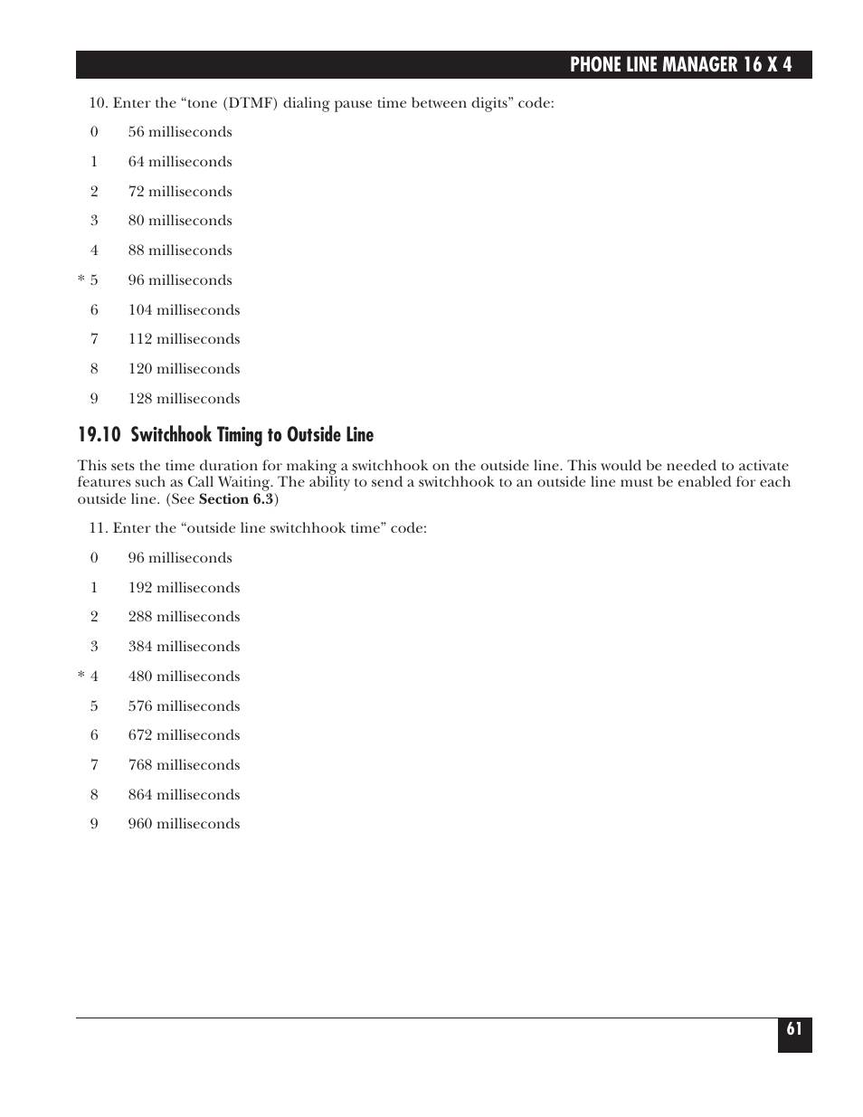 Phone line manager 16 x 4, 10 switchhook timing to outside line | Black Box FX160A User Manual | Page 60 / 65