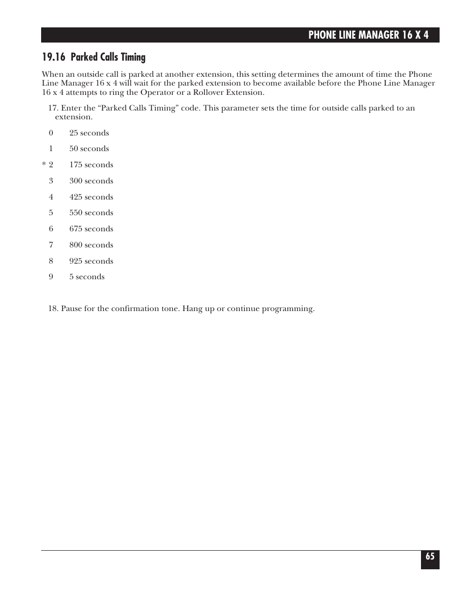 Phone line manager 16 x 4, 16 parked calls timing | Black Box FX160A User Manual | Page 64 / 65
