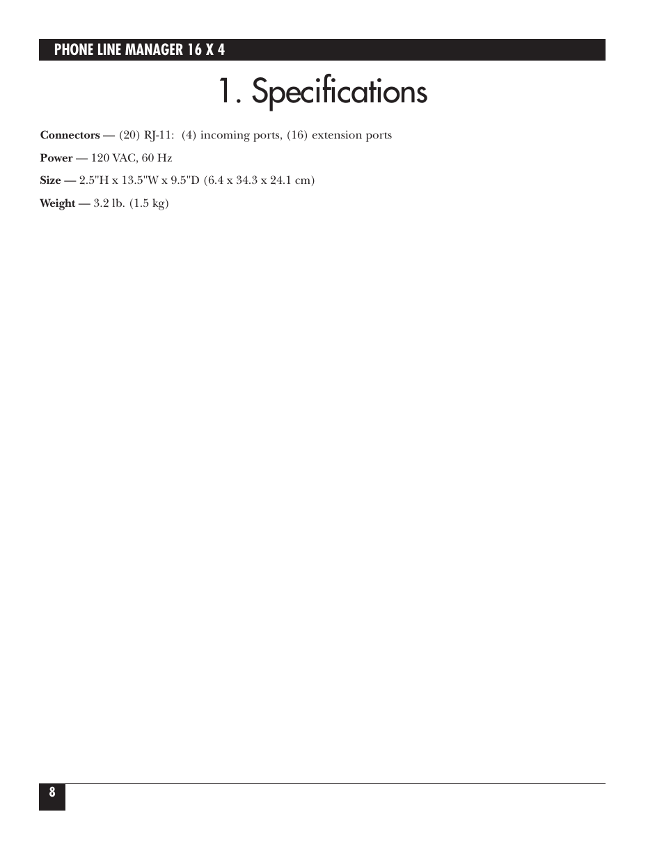 Specifications | Black Box FX160A User Manual | Page 7 / 65