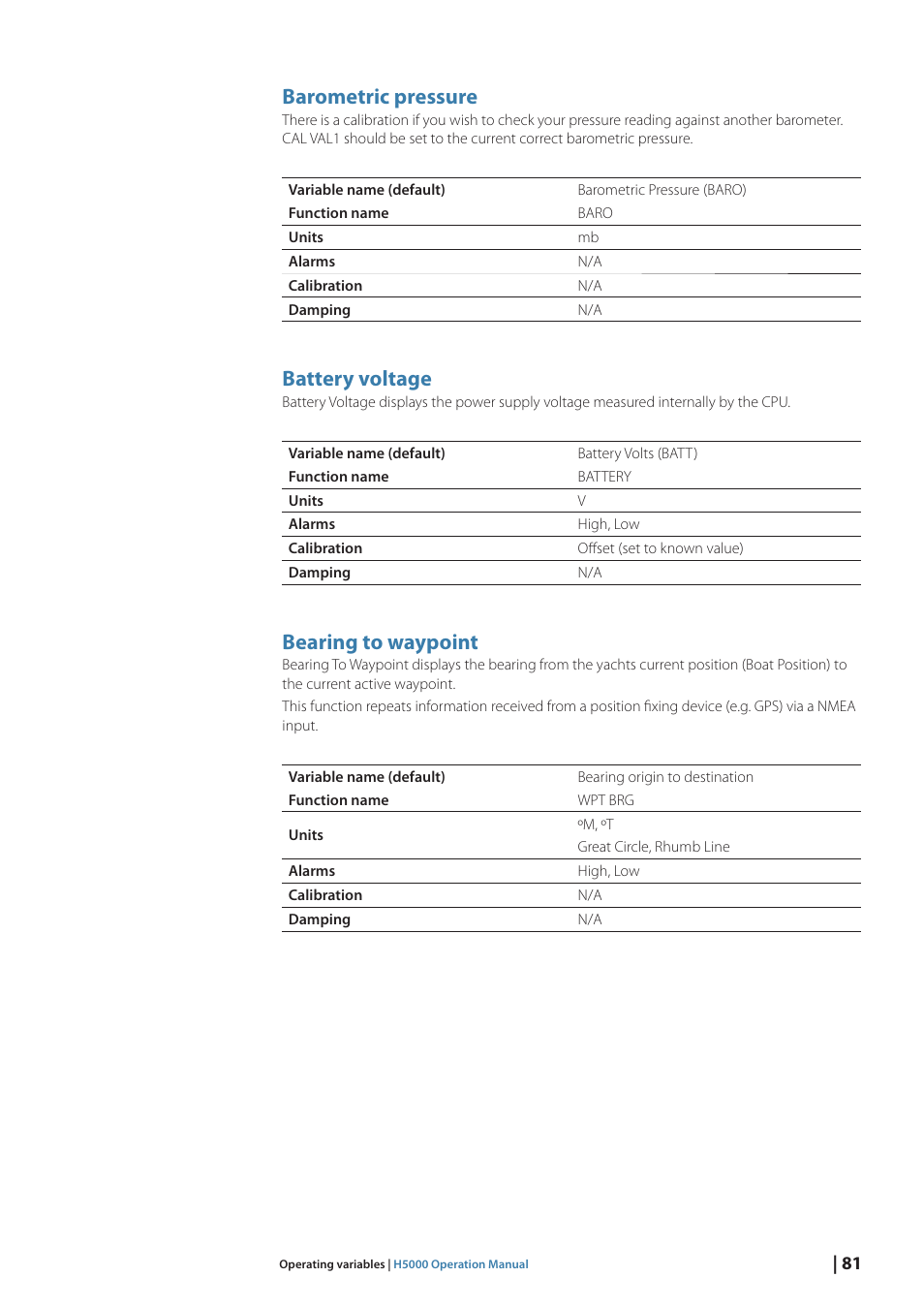 Barometric pressure, Battery voltage, Bearing to waypoint | B&G H5000 Pilot Computer User Manual | Page 81 / 109