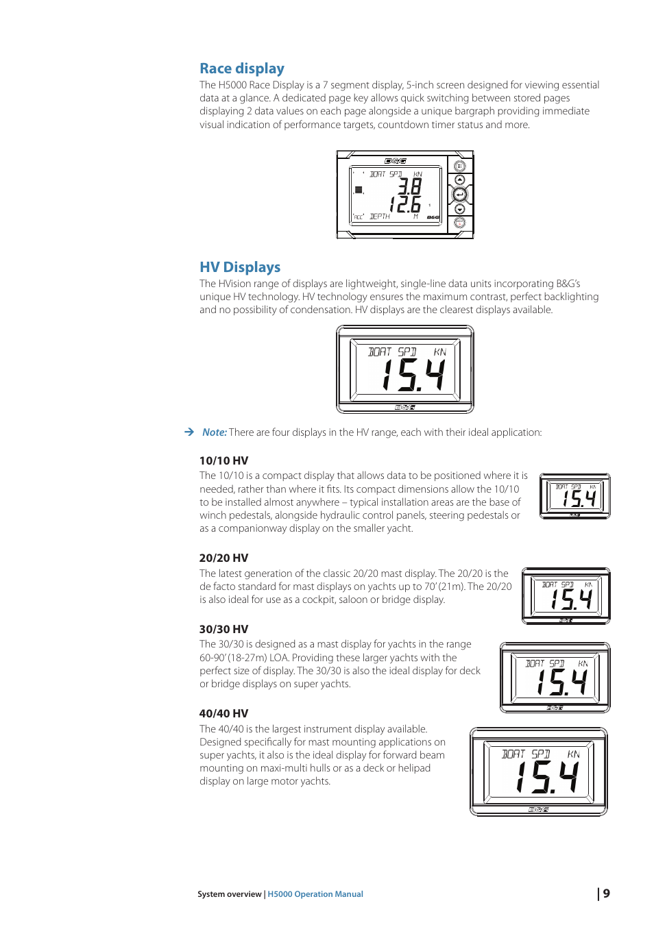 Race display, Hv displays | B&G H5000 Pilot Computer User Manual | Page 9 / 109