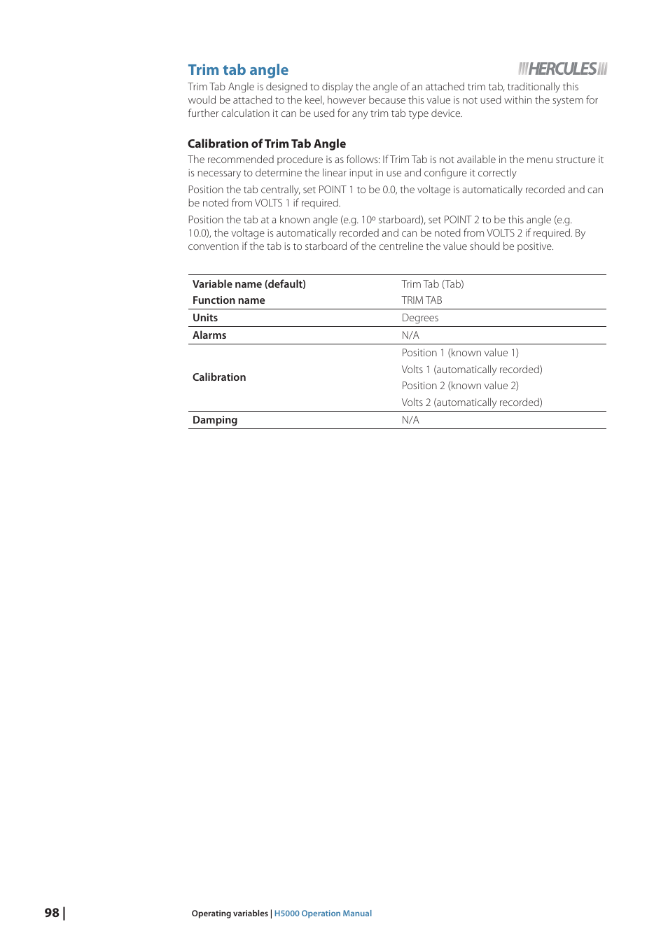 Trim tab angle | B&G H5000 Pilot Computer User Manual | Page 98 / 109