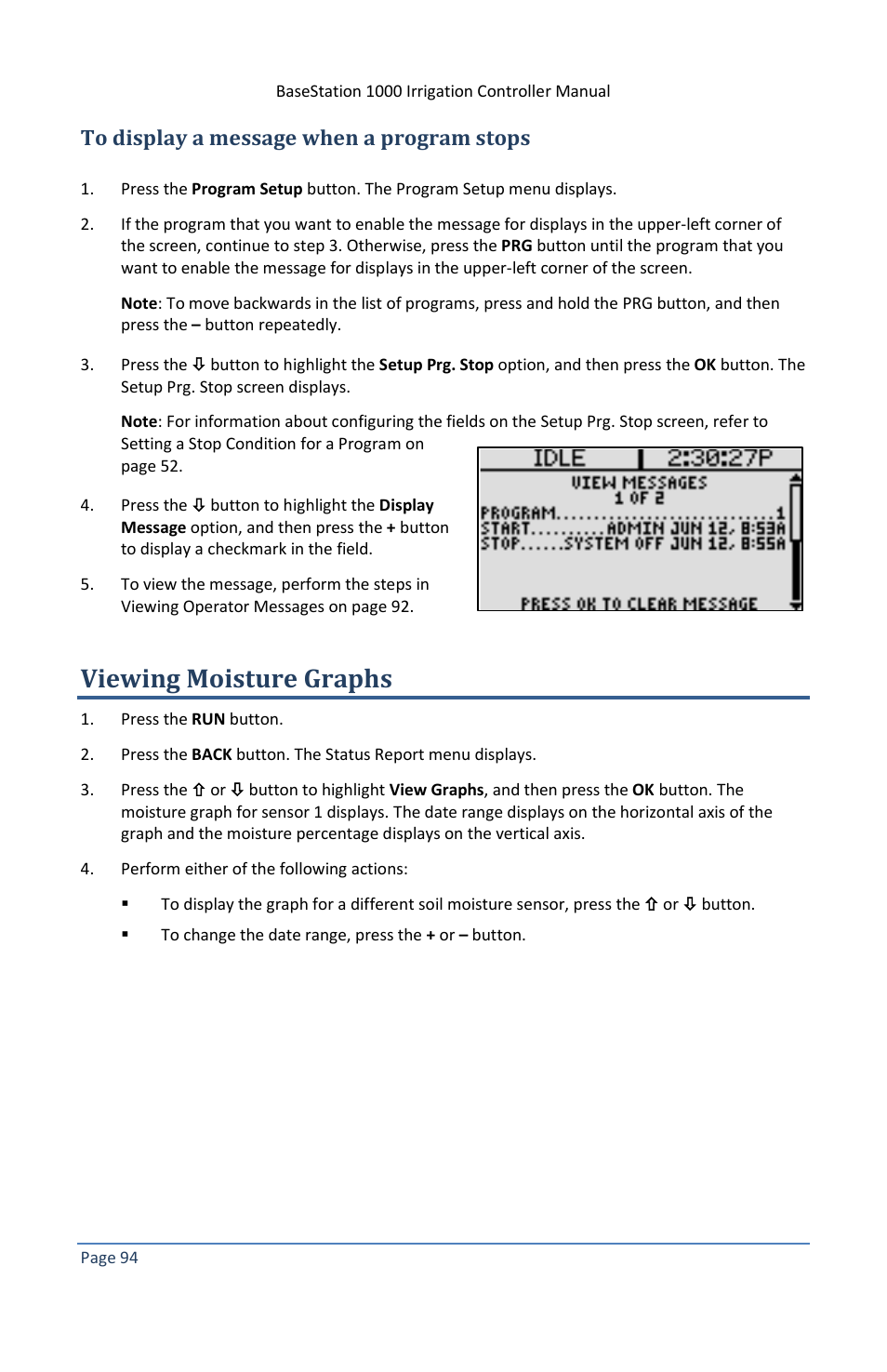 To display a message when a program stops, Viewing moisture graphs | Baseline Systems BaseStation 1000 User Manual | Page 100 / 122