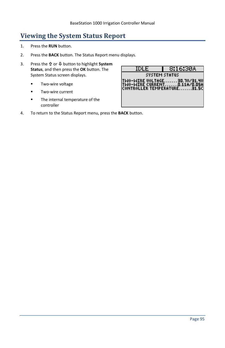 Viewing the system status report | Baseline Systems BaseStation 1000 User Manual | Page 101 / 122