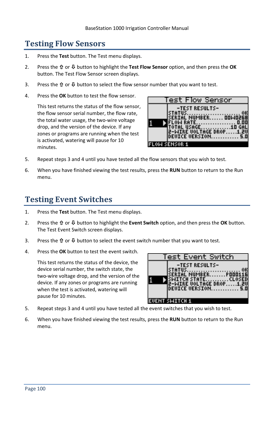 Testing flow sensors, Testing event switches | Baseline Systems BaseStation 1000 User Manual | Page 106 / 122