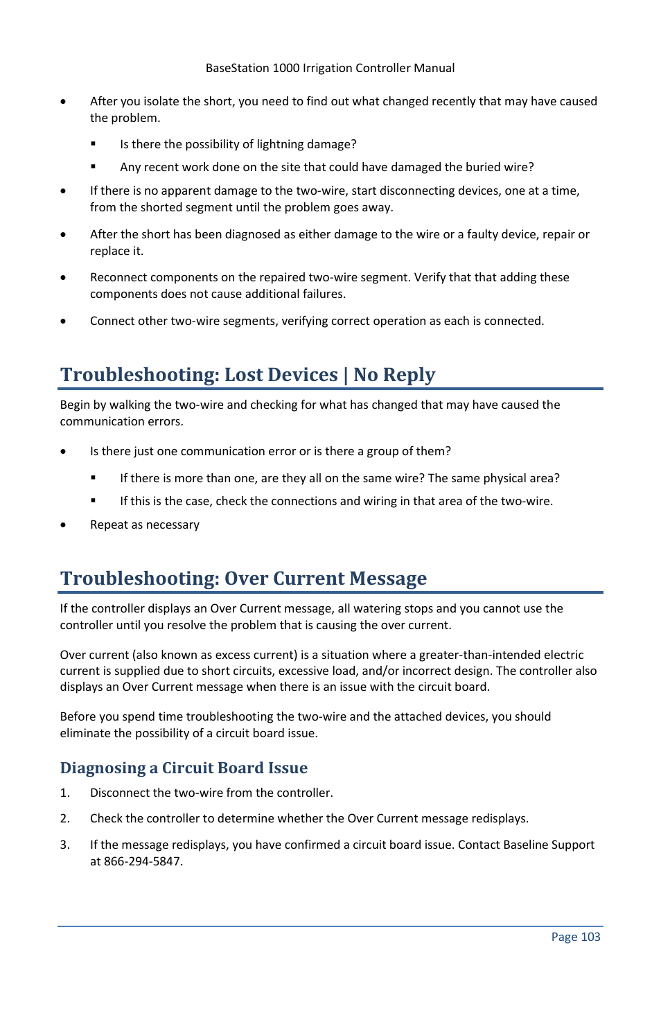 Troubleshooting: lost devices | no reply, Troubleshooting: over current message, Diagnosing a circuit board issue | Baseline Systems BaseStation 1000 User Manual | Page 109 / 122