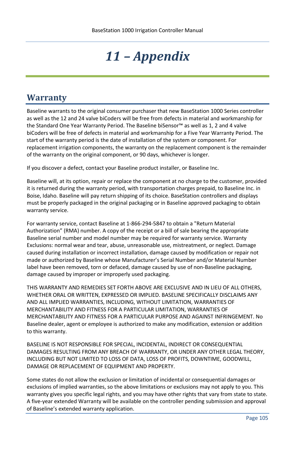 11 – appendix, Warranty | Baseline Systems BaseStation 1000 User Manual | Page 111 / 122