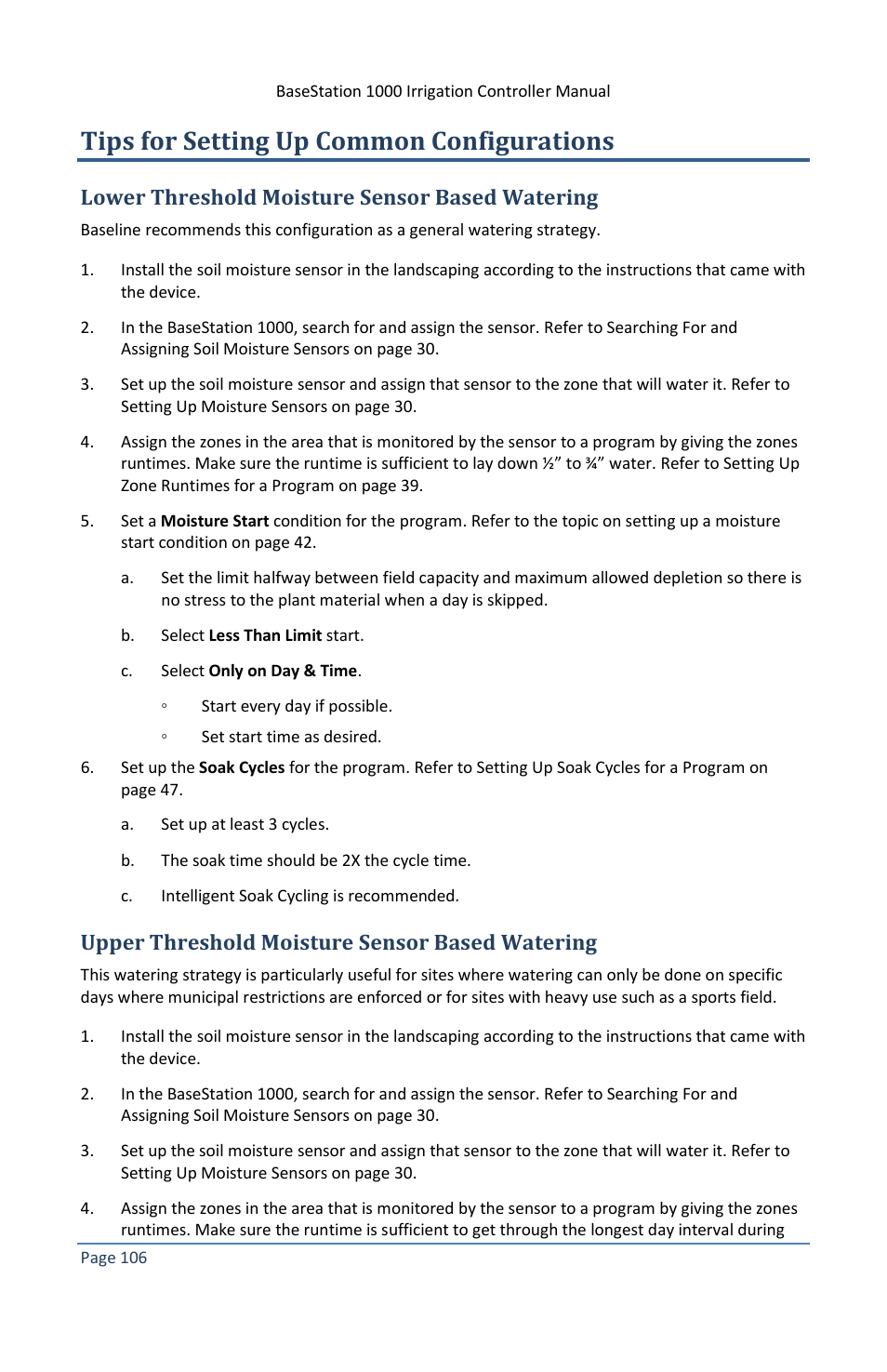 Tips for setting up common configurations, Lower threshold moisture sensor based watering, Upper threshold moisture sensor based watering | E 106 | Baseline Systems BaseStation 1000 User Manual | Page 112 / 122