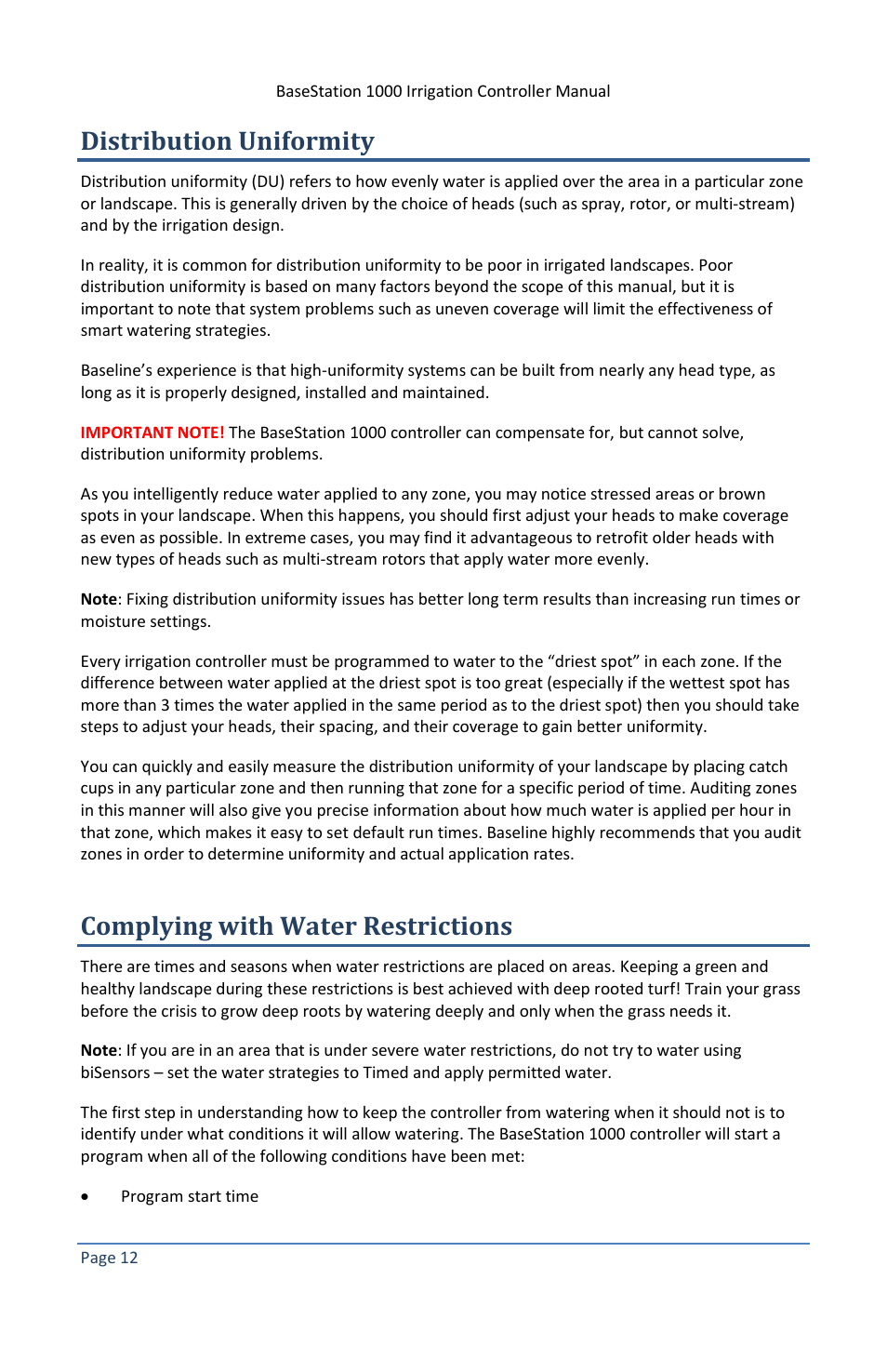 Distribution uniformity, Complying with water restrictions | Baseline Systems BaseStation 1000 User Manual | Page 18 / 122